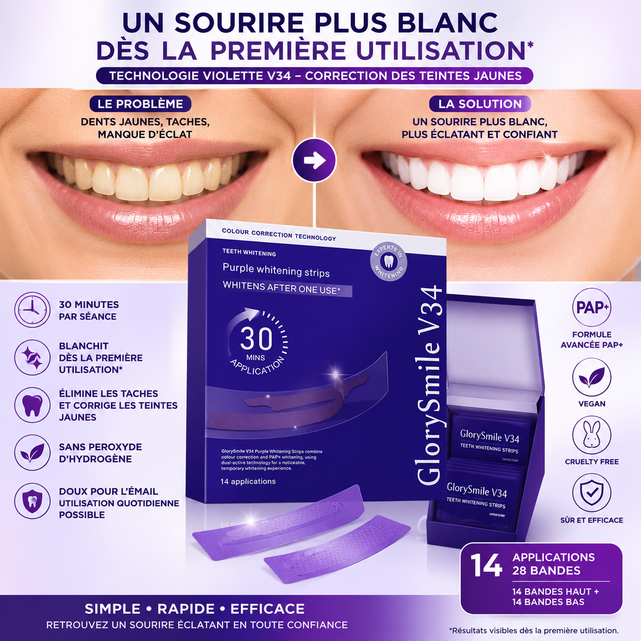 Bandes de Blanchiment Dentaire V34 – Un Sourire Plus Blanc Dès la Première Utilisation